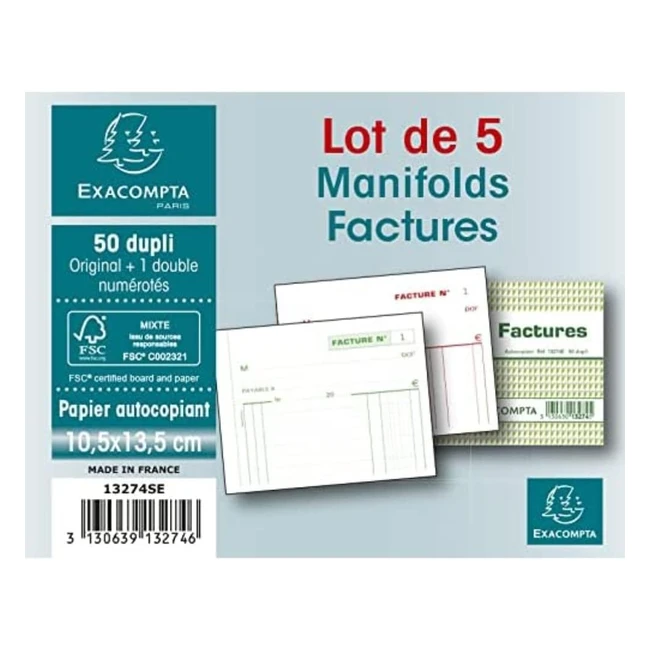 Exacompta RF 13274SE - Paquet de 5 manifolds factures - Format 105 x 135 cm - 50