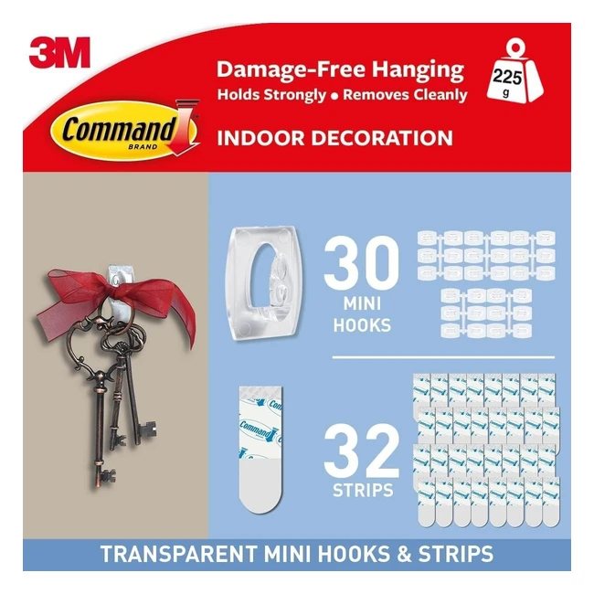 Command Clear Mini Hooks for Christmas - Multi Pack of 30 Hooks 32 Adhesive Str