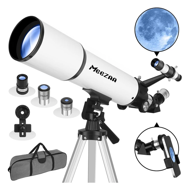 Télescope astronomique Meezaa pour enfants débutants - 80/600mm - Professionnel - 24x-180x - Réfracteur portable avec adaptateur téléphone trépied