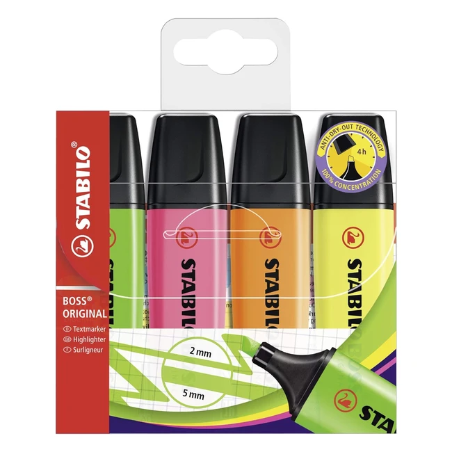 Stabilo Boss Original Highlighter Pack of 4 - Yellow, Orange, Green, Pink