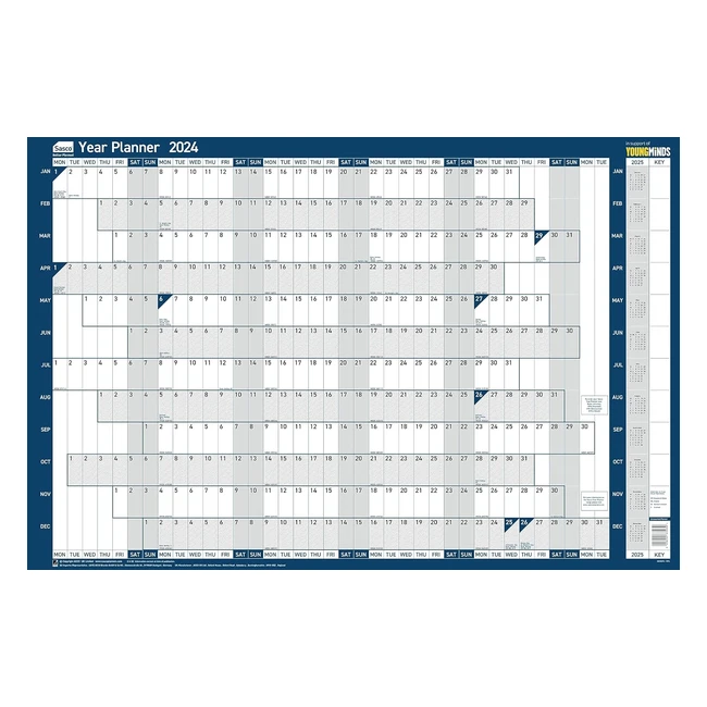 Sasco 2024 Yearly Wall Planner Set - Large Dry Erase Calendar with Marker Pen, Stickers - Blue