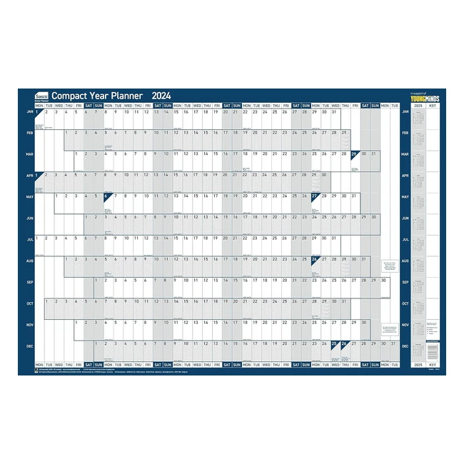 Sasco 2024 Compact Yearly Wall Planner - Dry Erase Calendar with Pen, Stickers - Blue - 610x405mm