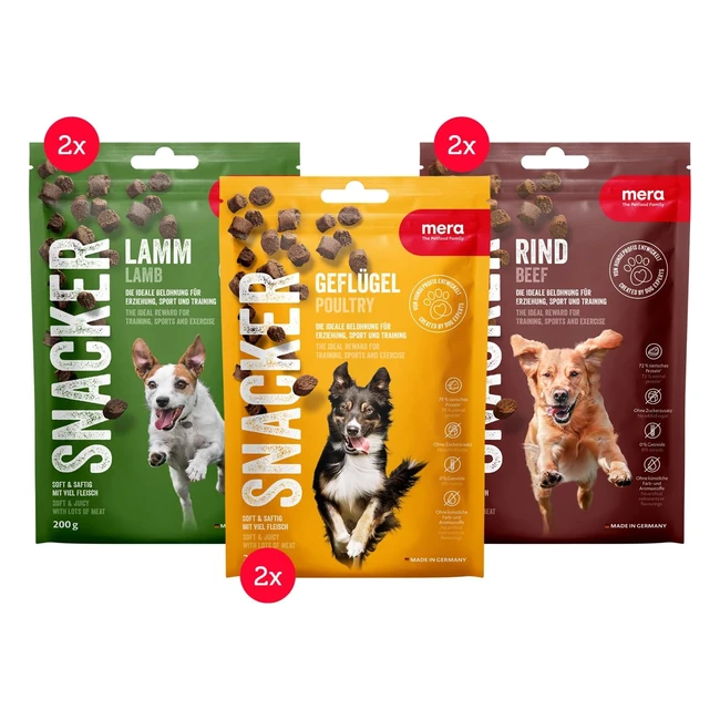 Mera Snacker Mix Pack ohne Getreide 6 x 200 g herzhafte weiche Hundeleckerlis für Training oder als Snack mit Geflügel, Lamm und Rind