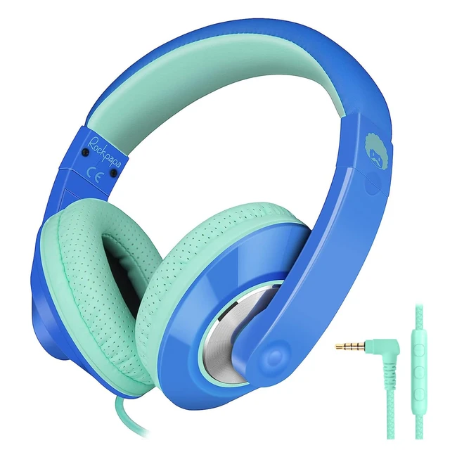 Rockpapa Comfort Kids Headphones - Over Ear Wired Headphones with Microphone - Stereo Sound - Adjustable - Blue Teal