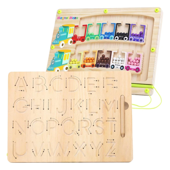 Juguete magnético de madera Pincush - Tabla de rastreo de letras y laberinto de colores - Juegos educativos para niños de 3 a 7 años