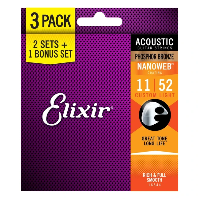Elixir Strings 16544 Phosphor Bronze Acoustic Guitar Strings - Purple Custom Lig