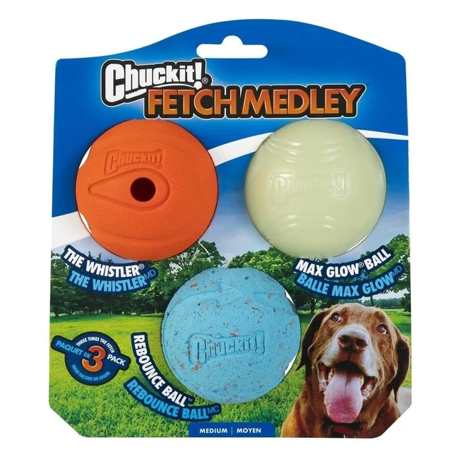 Chuckit Fetch Medley Gen 1 Rubber Dog Balls - Whistler, Max Glow, Rebounce - Durable, High Bounce - Medium 3 Pack