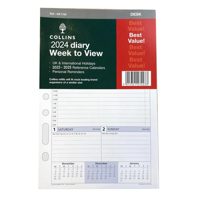 Collins 2024 Dayplanner Organiser Refill Pad - Week to View with Appointments
