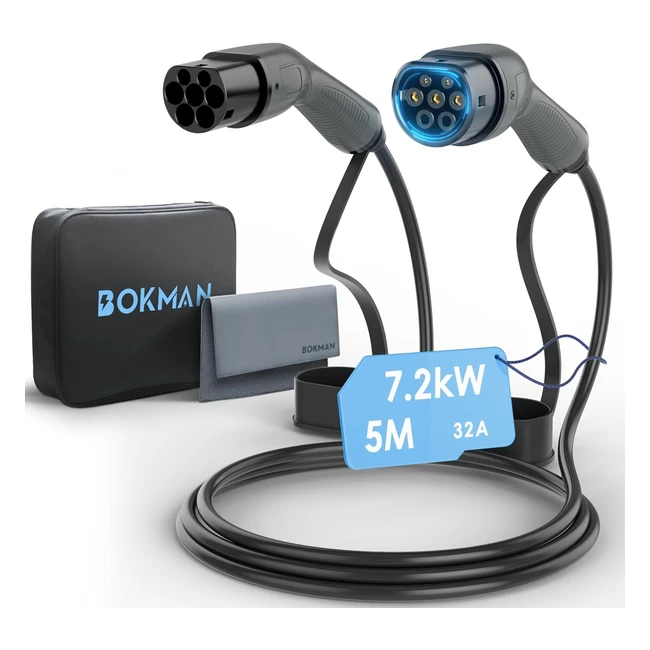 Câble de recharge voiture électrique PHEV mode 3 - Bokman Type 2 - 32A 72kW - 5m