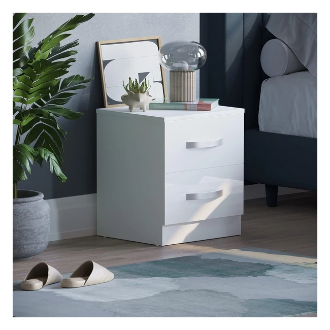 High Gloss Bedside Cabinet - White 2 Drawer Metal Handles - Unique Anti-Bowing