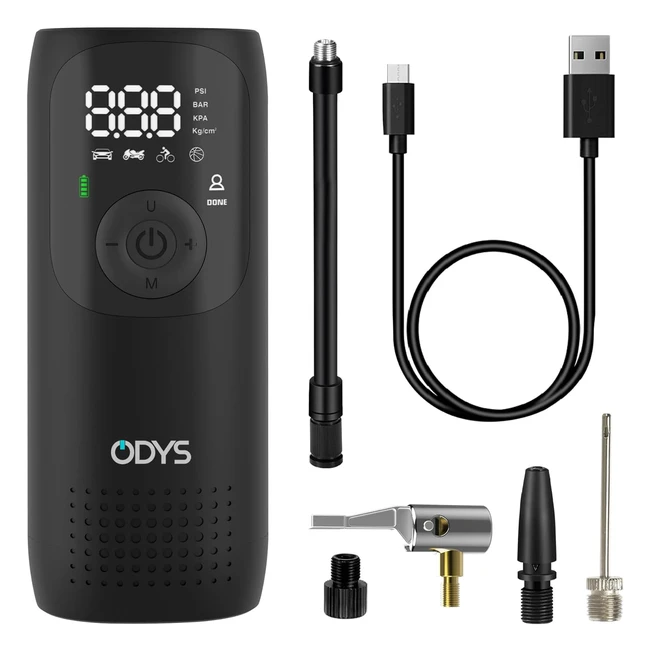 Odys Flexpump tragbarer elektrischer Luftkompressor für Auto Motorrad Roller Fahrrad Bälle 010 bar0150 psi 2000 mAh Aufladen über USB-C digitale Anzeige LED-Licht