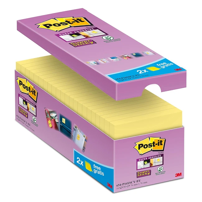 Post-it Super Sticky Notes Jaune Canari - Pack Promo 14 + 2 Blocs Gratuits - 90 Feuilles par Bloc - 76 mm x 76 mm - Notes adhésives pour Prise de Notes, Listes de Tâches et Rappels
