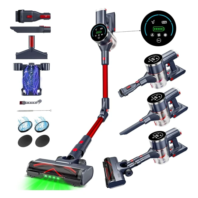 Aspirateur Balai Sans Fil 35kPa550W - Batterie Amovible - Pliable 180° - Idéal pour Poils d'Animaux - Rouge