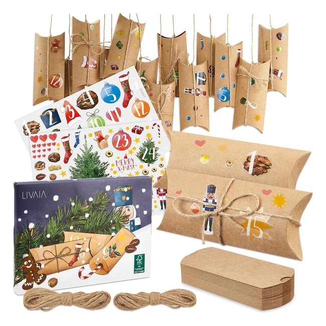 Calendario Adviento Rellenable con Adhesivos y Cuerda de Yute - Livaia 2023