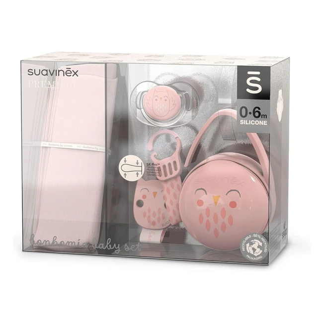 Coffret Naissance Suavinex - Mousseline de Coton, Sucette Symétrique SX Pro, Attache Sucette - Bonhomia Rose