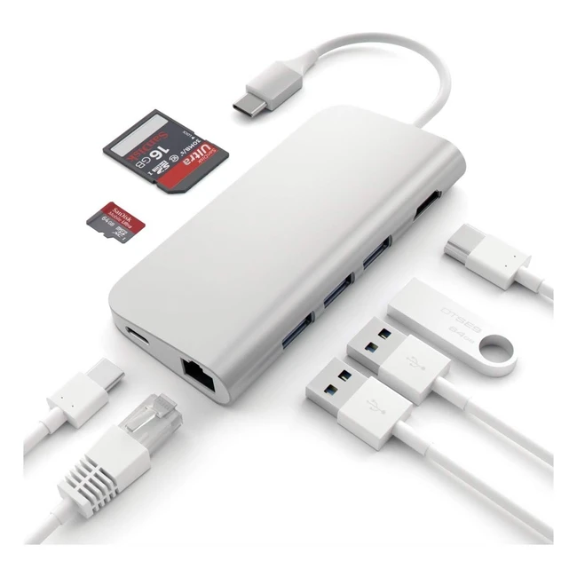 Adaptador Multi Puertos Satechi 4K HDMI USB-C Pass Through Ethernet Lectores de Tarjetas SD/Micro USB 3.0 - M2/M1 MacBook Pro/Air, M2/M1 iPad Pro/Air, M2 Mac Mini, iMac M1 - Plata
