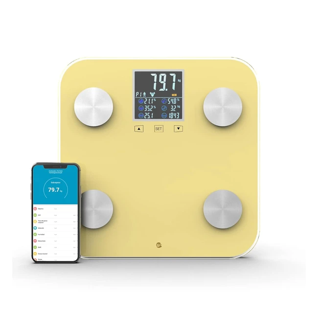 Bilancia Digitale BMI Wottocare - Monitoraggio Preciso dei Progressi - Multiutente - Sincronizzazione e Compatibilità - Giallo