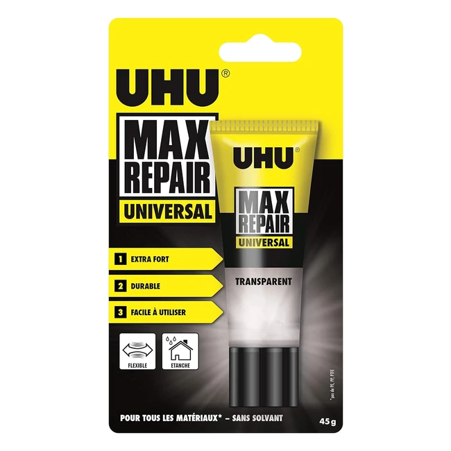 Colle puissante et flexible UHU Max Repair transparente - Idéale pour chaussures, caoutchouc, cuir - Tube 45g