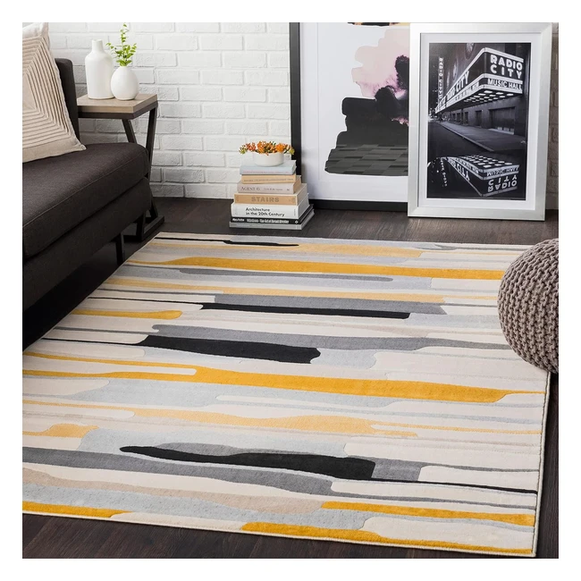 Surya Atlanta Geometric Rug | Modern Scandi Area Rugs | Large 160x220cm | Easy Care | Mustard Grey Beige