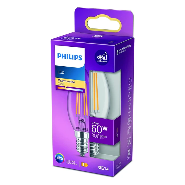 Bombilla LED Philips 60W E14 Vela Filamento Luz Blanca Cálida