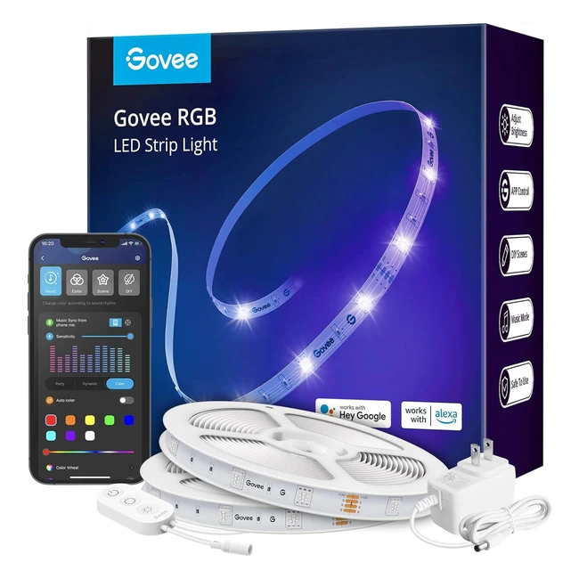 Ruban LED RGB Govee 20mWiFi avec Alexa et Google Assistant - Contrôle App Intelligente - 64 Scènes - Synchronisation Musicale - Lumières DIY pour Chambre Cuisine Fête Salon