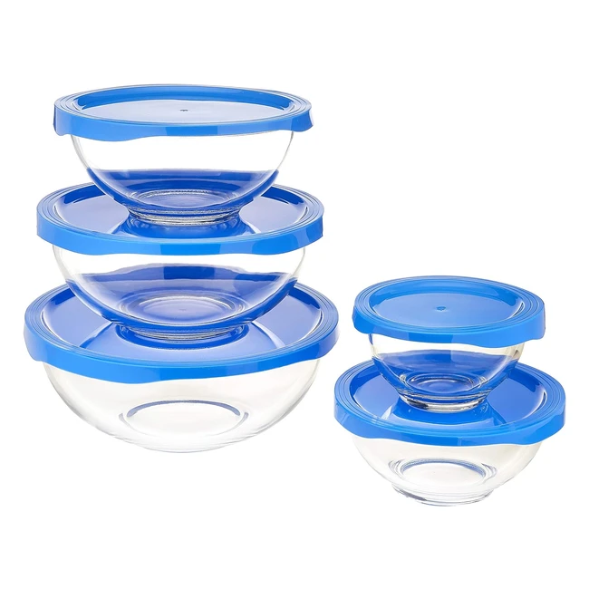 Amazon Basics 5-Piece Glass Mixing Bowl Set with Lids - BPA-Free - ClearBlue - 