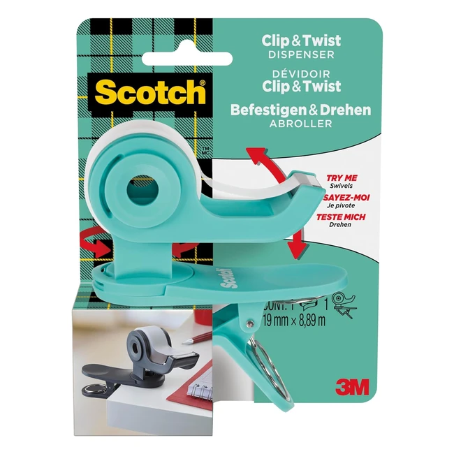 Dévidoir de ruban Scotch Cliptwist C19 Turquoise - Ruban invisible Scotch Magic 19 mm x 889 mm - 1 rouleau