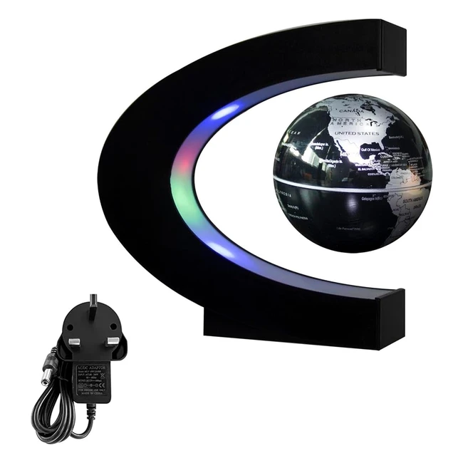 Floating Globe with LED Lights - C Shape Magnetic Levitation - Desk Decoration - Black/Silver