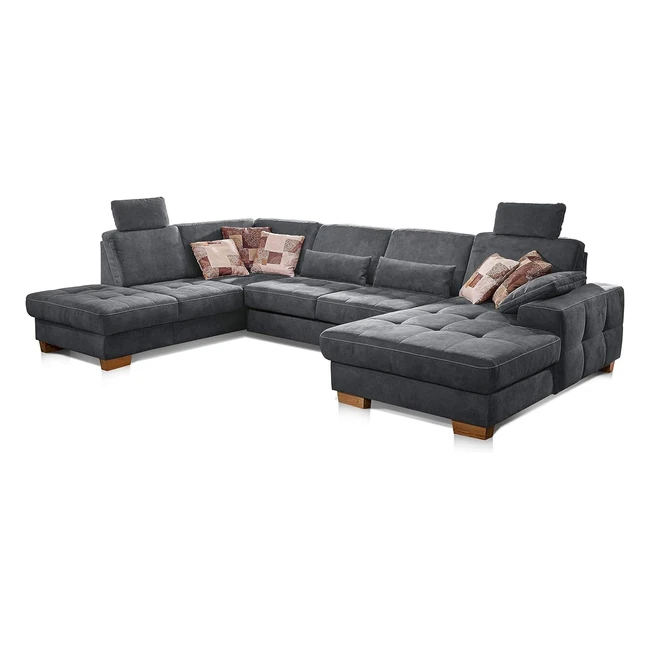 Cavadore Wohnlandschaft Puccino - Federkern, Schlaffunktion, verstellbare Rückenlehne - U-Form, Landhausdesign - 340 x 86 x 224 cm - Mikrofaser Grau