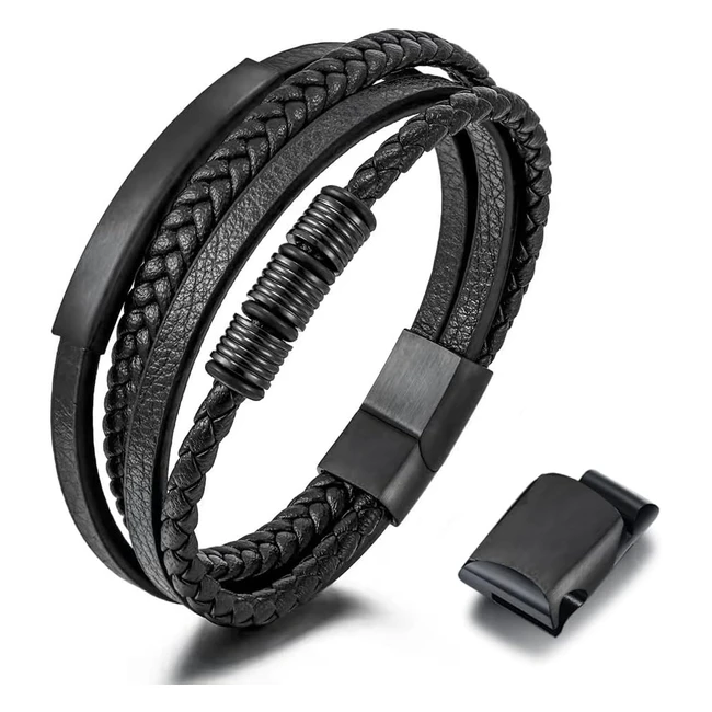 Pulsera de piel para hombre GKMAMRG, correa de cuero auténtico negro trenzado, cierre magnético - Ref. 225cm