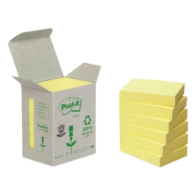 Post-it Recycling Notes - Canary Yellow, Pack of 6 Pads, 100 Sheets per Pad, 38mm x 51mm