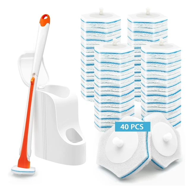 Jehonn Disposable Toilet Bowl Cleaner Wand | Long Handle | 40 Refills | Compact Bathroom Scrub Brush | Orange