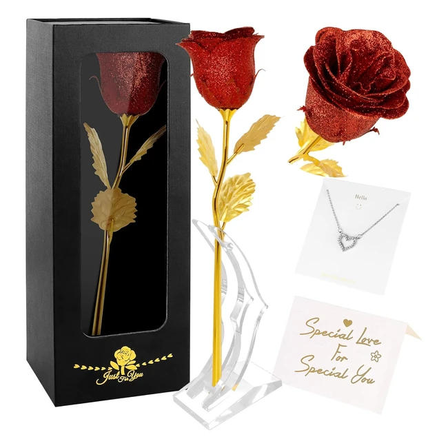 Rose ternelle rouge dore avec collier et carte de vux - Coffret cadeau pou