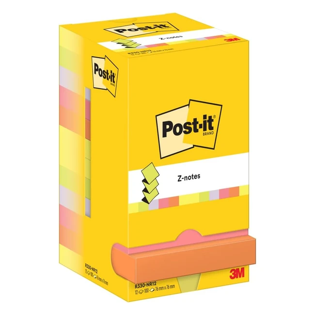 Post-it Z-Notes Neon Assorted Colors - Pack of 12 Pads - 100 Sheets per Pad - 76mm x 76mm - Self-Stick Notes for Note Taking, To-Do Lists, Reminders
