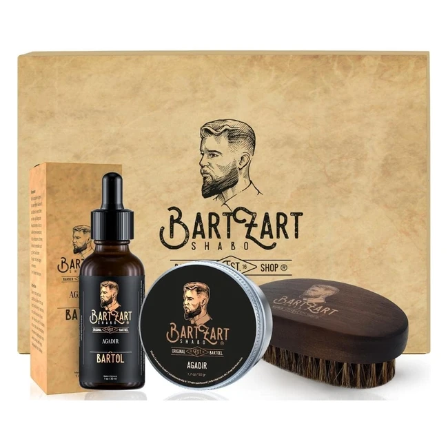 Set de 3 piezas para el cuidado de la barba Bartzart Shabo - Aceite, Cera y Cepillo - Aroma a Almizcle