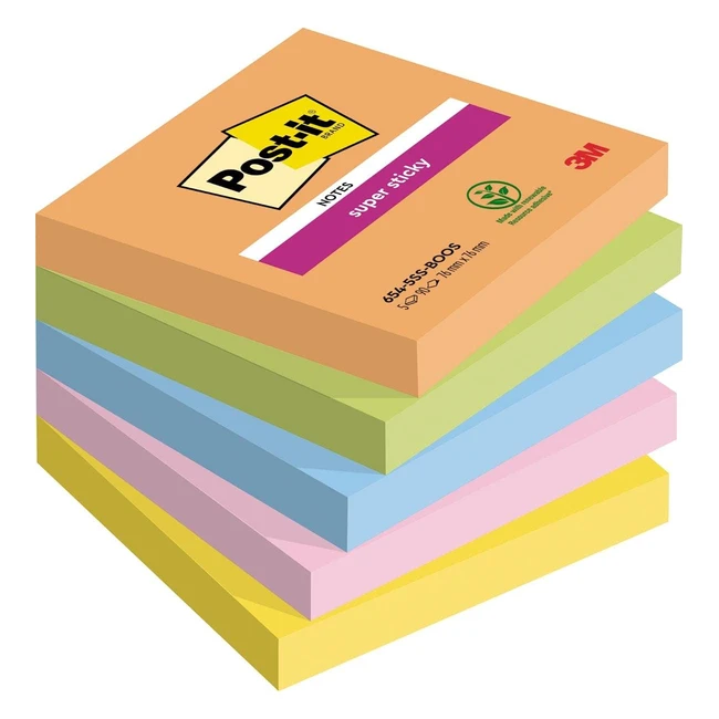 Post-it Super Sticky Notes, Boost Color Collection, Pack of 5 Pads, 90 Sheets per Pad, 76mm x 76mm