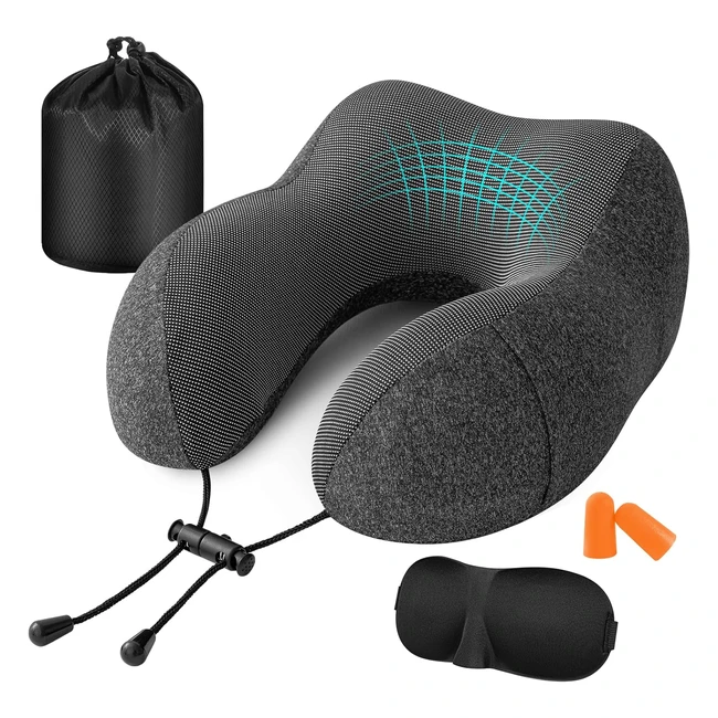 Almohada de Viaje Jiancrate para Cuello - Viscoelástica de Espuma Memoria - Cojín Cuello con Máscara de Ojos, Tapones y Bolsa