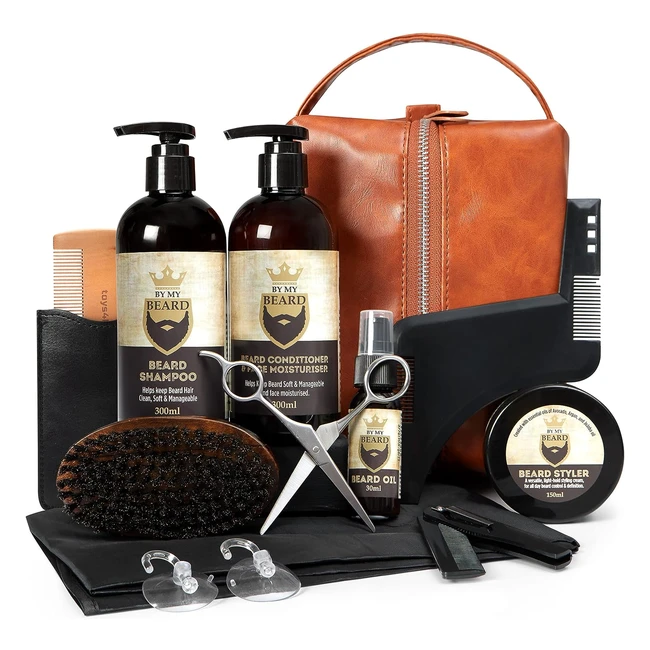 Kit Barba Uomo - Prodotti Barba Uomo - Olio Balsamo 300ml - Shampoo 300ml - Spazzola e Pettine - Forbici - Sacca Viaggio - Idea Regalo