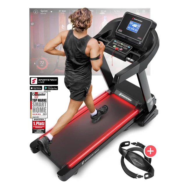 Sportstech F37S Profi Laufband - Deutsche Qualitätsmarke - Selbstschmiersystem - App Kinomap - 7PS bis 20 km/h - Bluetooth MP3 - HR - Klappbar - Große Lauffläche - TV-GS