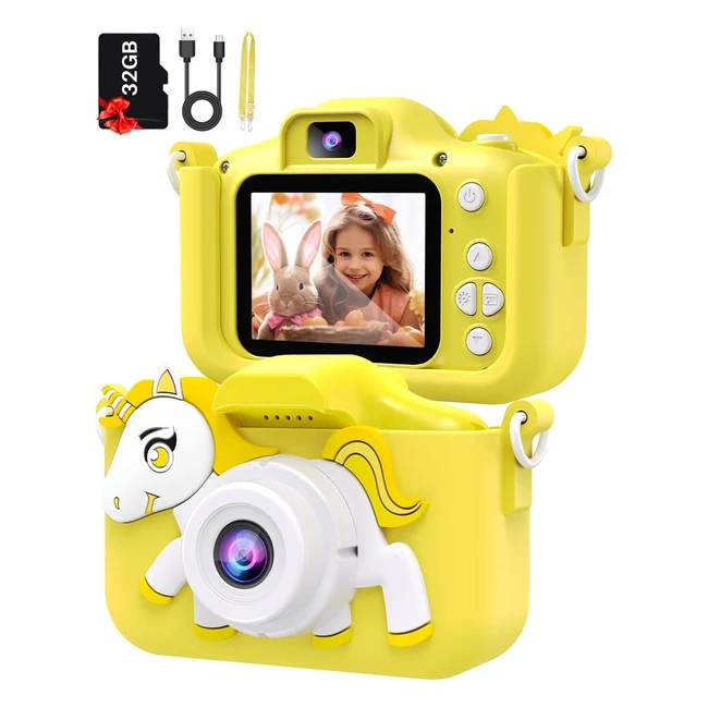 Super Barley Kids Camera - Yellow, 1080p HD Video, 32GB SD Card, 2-inch IPS Screen
