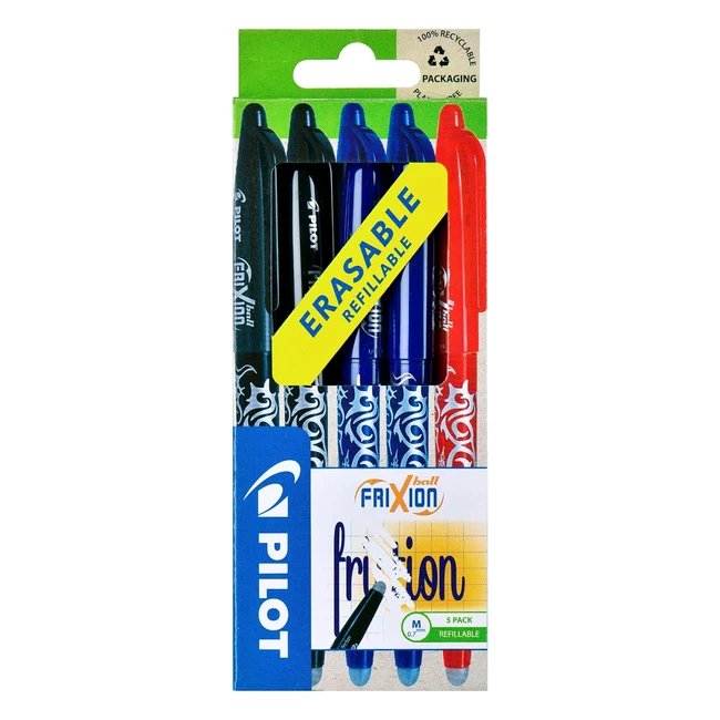 Pilot Frixion Erasable Rollerball 07mm Pack of 5 - Black, Blue, Red