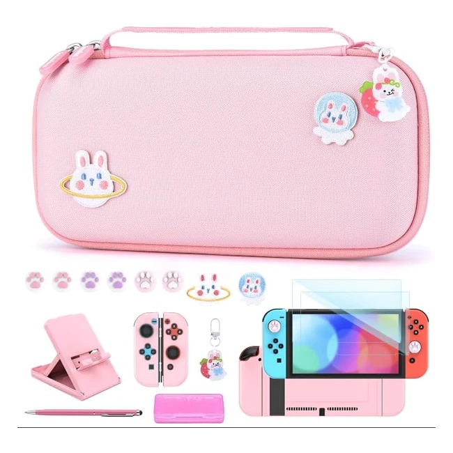 Tui NS Switch Innoaura Accessoires 18 en 1 avec étui de transport, protection d'écran, support, poignées de pouce - Rose