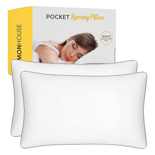 Monhouse Pocket Sprung Pillow - Orthopedic Bed Pillow - Relieves Head, Neck, and Shoulder Pain - Set of 2