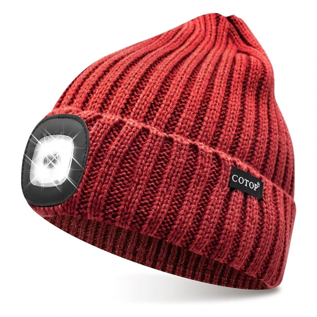 Cotop LED Beanie with Light - USB Rechargeable Hat - Hands-Free 4 LED Headlamp Cap - Winter Knitted Night Lighted Hat - Flashlight - Gifts for Dad, Him, Husband