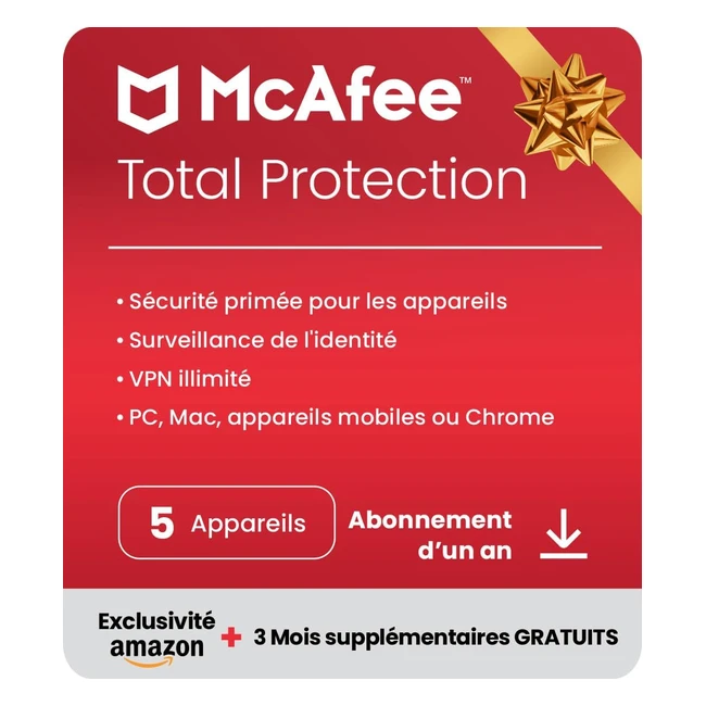 McAfee Total Protection 2024 - Exclusivité Amazon - 5 Appareils - Antivirus et Sécurité Internet - VPN Illimité - 12 Mois - 3 Téléchargement