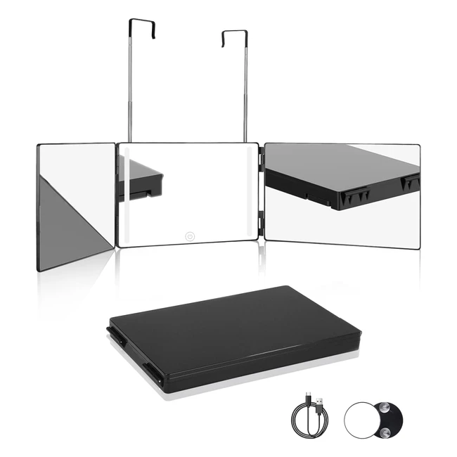 Miroir 360 Lumineux Xespis avec LED, 3 Faces Pliables et Hauteur Réglable, Grossissement 10x, Coiffure Homme/Femme, Rasage, Maquillage