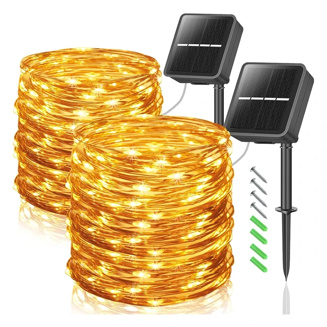 Luci Solari Esterno 10m 100LED - Risparmio Energetico - Impermeabile - Filo di Rame - Decorative per Giardino, Cortile, Festa - Bianco Caldo