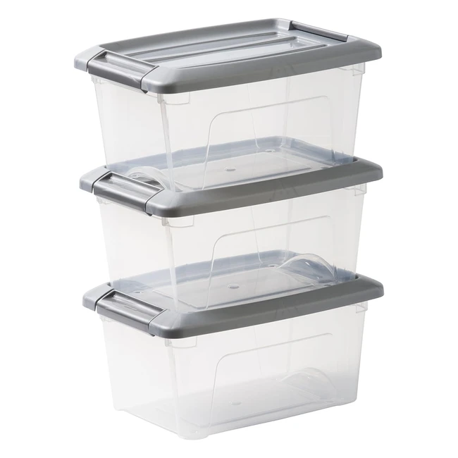 Iris Ohyama Plastic Storage Boxes 5L Set of 3 - Stackable, Integrated Handle - NTB5 Silver