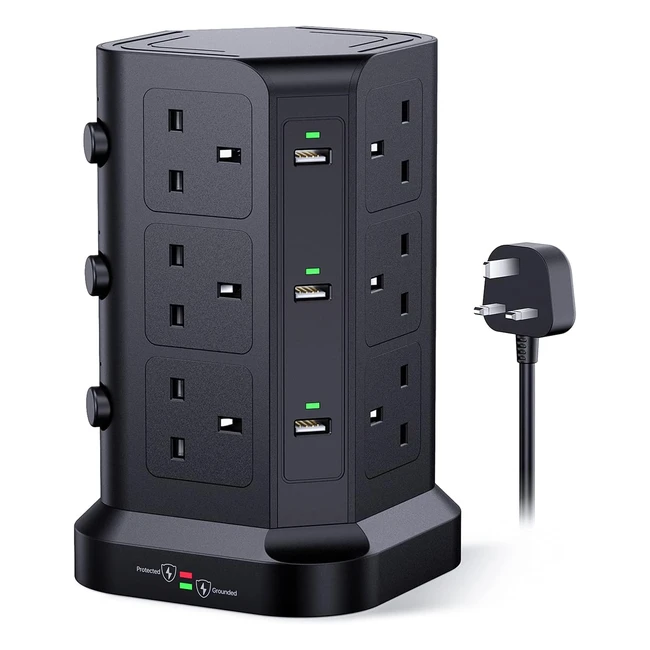Koosla Tower Extension Lead 13A 3250W Surge Protector - 12 AC Outlets, 6 USB Ports