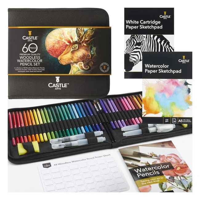 Castle Art Supplies 60 Piece Woodless Watercolour Pencils Set - Premium Pigmente